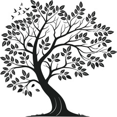 Obraz premium A stylized black tree with leaves and birds flying above it on a white background illustration