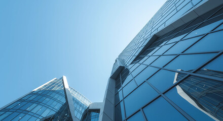 Obraz premium Modern architecture featuring a glass facade skyscraper against a clear blue sky, showcasing urban design and contemporary construction