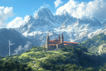 A monastery nestled in the mountains with wind turbines in the distance