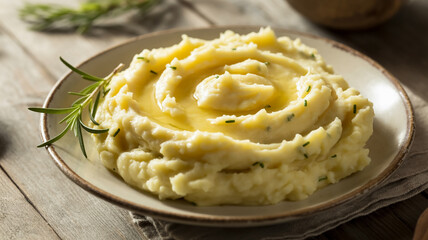 A photograph of a bowl of creamy mashed potatoes resting on a rustic wooden table