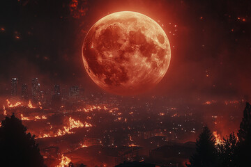 Obraz premium A red moon hanging over a city affected by distant wildfires