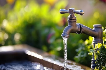 Flowing Water Tap in Garden Close-up Macro Photography, Water Conservation, Nature, Garden Faucet Water, Photography