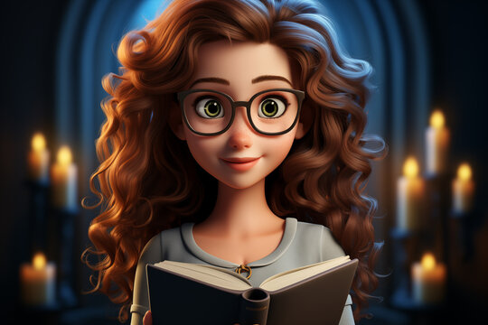 A charming 3D cartoon illustration of a young girl with long hair and Glasses Holding book