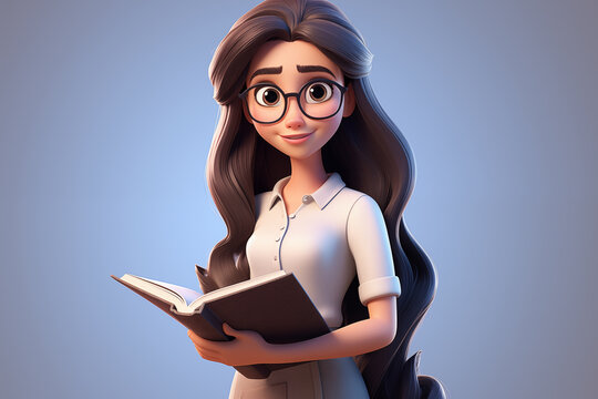 A charming 3D cartoon illustration of a young girl with long hair and Glasses Holding book