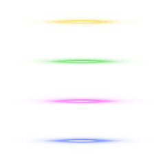 Bright yellow pink blue green light ray glow with golden flare laser beam and neon horizontal line effect on transparent background