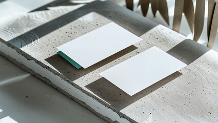 Two blank business cards lay on a smooth concrete slab. The sharp shadows create a striking contrast, contributing to the industrial aesthetic of the setup
