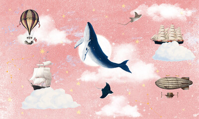 Mural wallpaper. Wallpapers for kids. Wallpaper for children's room with whale in the clouds.  © александр Бужореан