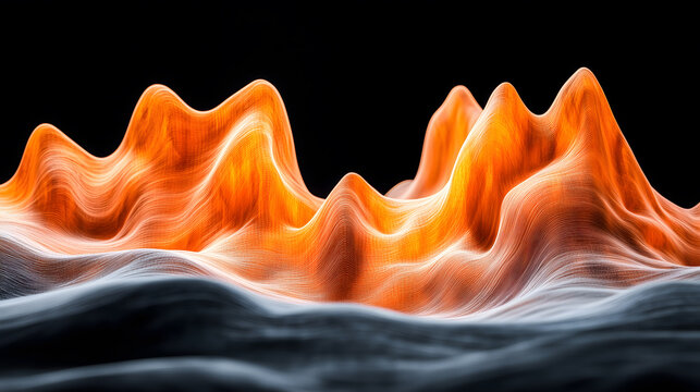 Abstract Digital Landscape &ndash; Glowing Orange and White Data Waves on Black Background