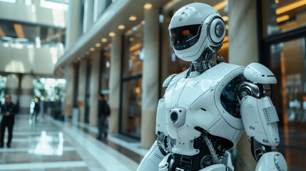 Futuristic Security Robot Guarding a High-Tech Building