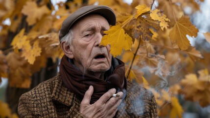 Elderly man faces breathing issues while smoking, highlighting health risks of cigarette use