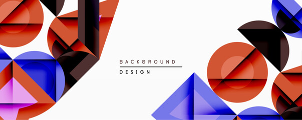 Abstract geometric composition. Overlapping circles, triangles create dynamic visual effect. Red, blue, black shapes contrast against white backdrop. Modern design element.