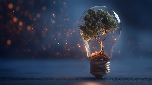 Creative eco-themed concept showing a vibrant green tree growing inside a transparent light bulb, symbolizing sustainability, renewable energy