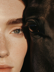 Close-Up Portrait of a Woman and Horse