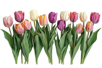 A vibrant array of colorful tulips blooming with springtime elegance evoking joy and renewal on transparent background