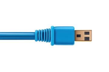 A vibrant blue USB cable ready to connect symbolizing seamless digital communication and tech on transparent background