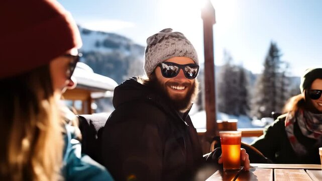 Friends Enjoying Apr&egrave;s-Ski Beer at Sunny Mountain Resort Terrace. Winter Vacation Lifestyle, Ski Holiday Socializing, Happy Youth. 4K Video.