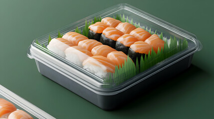 Salmon nigiri sushi in a plastic takeout container on a green background