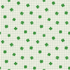 Doodle hand drawn check, plaid with green four leaf clovers seamless vector pattern, Saint Patrick's Day background
