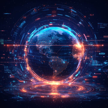 Futuristic Digital Earth Globe with Cyberpunk Elements and Data Overlay