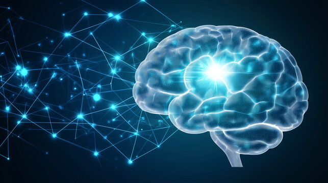 Futuristic digital illustration of a glowing human brain surrounded by neural network connections and light nodes on a dark blue background.