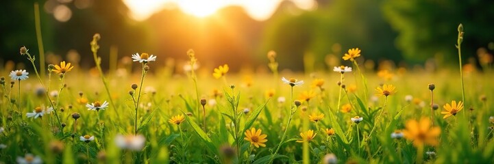 Golden hour sunlight bathes a lush green meadow, wildflowers blooming vibrantly Perfect for summer, nature, and travel themes A serene and peaceful scene , countryside, scenery