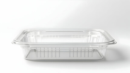 Transparent plastic container for food storage and takeaway, isolated on white background