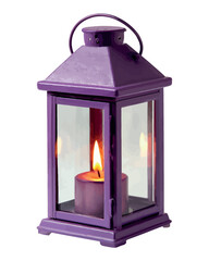 Purple metal lantern with lit candle