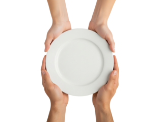 Hands holding empty white plate, isolated on transparent background