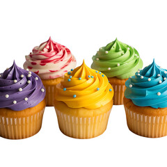 Delicious colorful cupcakes with swirls of frosting and sprinkles perfect for celebrations and parties.