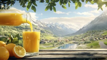 Orange juice pouring into glass with mountain background and copy space - Powered by Adobe
