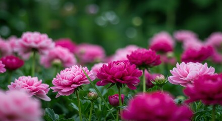 Fototapeta premium Vibrant pink and magenta flowers in a lush garden setting, showcasing their full bloom and delicate petals