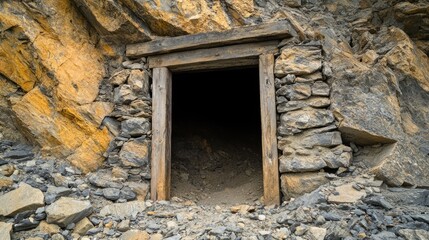 Old mine entrance in rocky terrain