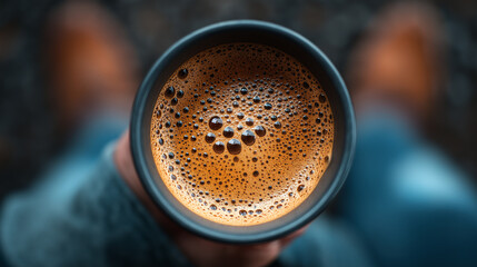 Kaffeetasse von oben fotografiert zeigt cremigen Milchschaum mit Kaffeebohnen