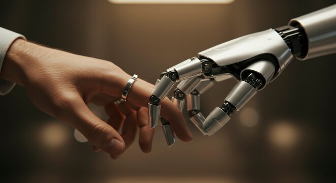 A human hand gently interlaces fingers with a robotic hand, symbolizing a futuristic connection between humanity and artificial intelligence