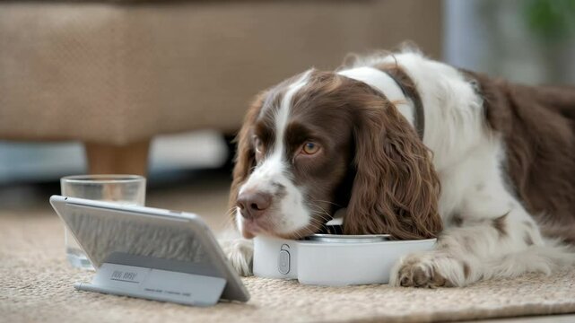 Cute Springer Spaniel Dog Watching a Tablet Next to Its Food Dish in a Cozy Home Setting