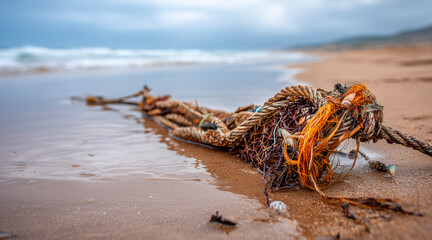 A tangled fishing net with plastic debris caught in it, lying on the right side of a wet sandy beach