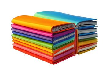 A vibrant tower of knowledge built from colorful stacked notebooks symbolizing learning and on transparent background