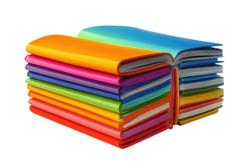 A vibrant tower of knowledge built from colorful stacked notebooks symbolizing learning and on transparent background