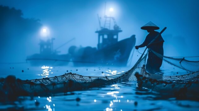 Serene early morning fishing scene  fisherman casting net with silhouette and boat in background