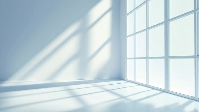 Minimalistic empty blue interior with large window and sunlight shadows