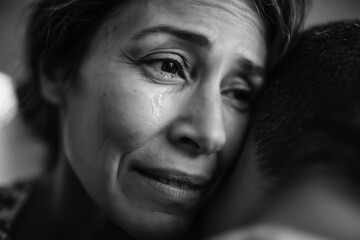 A poignant monochrome portrait capturing the raw emotion of sadness and solace. A woman's tears are gently embraced, symbolizing comfort and shared grief.