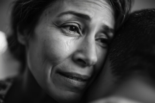 A poignant monochrome portrait capturing the raw emotion of sadness and solace. A woman's tears are gently embraced, symbolizing comfort and shared grief.