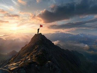 Triumphant man holding red flag on mountain peak at sunset