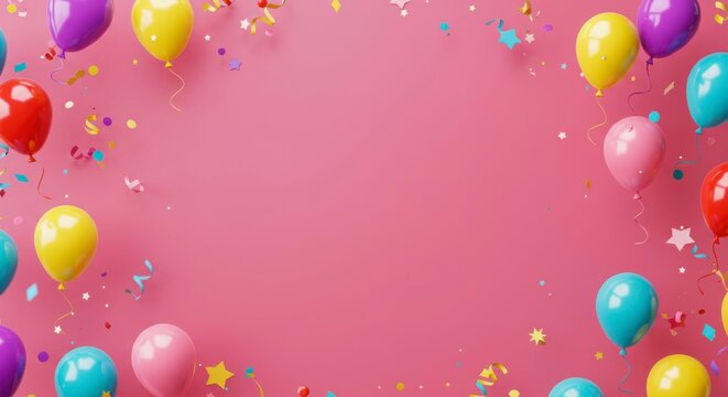 Colorful balloons and confetti border a pink background, ideal for festive celebrations
