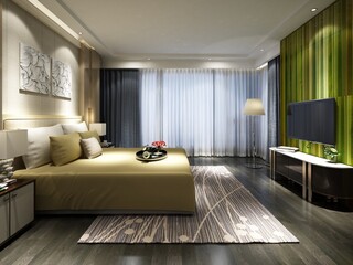 Mock up of a spacious bedroom with a stylish comfortable bed and an exclusive decorative background, 3D rendering.