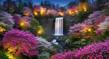 Illuminated waterfall cascading down a cliff, surrounded by vibrant pink and white blossoming trees at twilight