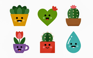 Cute cartoon plants vector illustration set succulent cactus flower drop design for kids and decoration