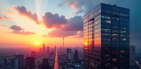 Sleek modern glass metro office building reflecting city skyline at sunset Perfect for corporate, real estate, and architectural projects , cityscape, city