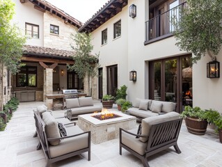Luxurious outdoor patio with furniture and grill in serene courtyard