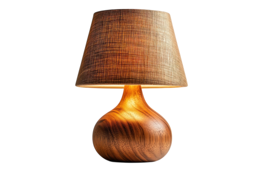 An inviting glow emanates from a rustic wooden table lamp promising cozy evenings and warm on transparent background